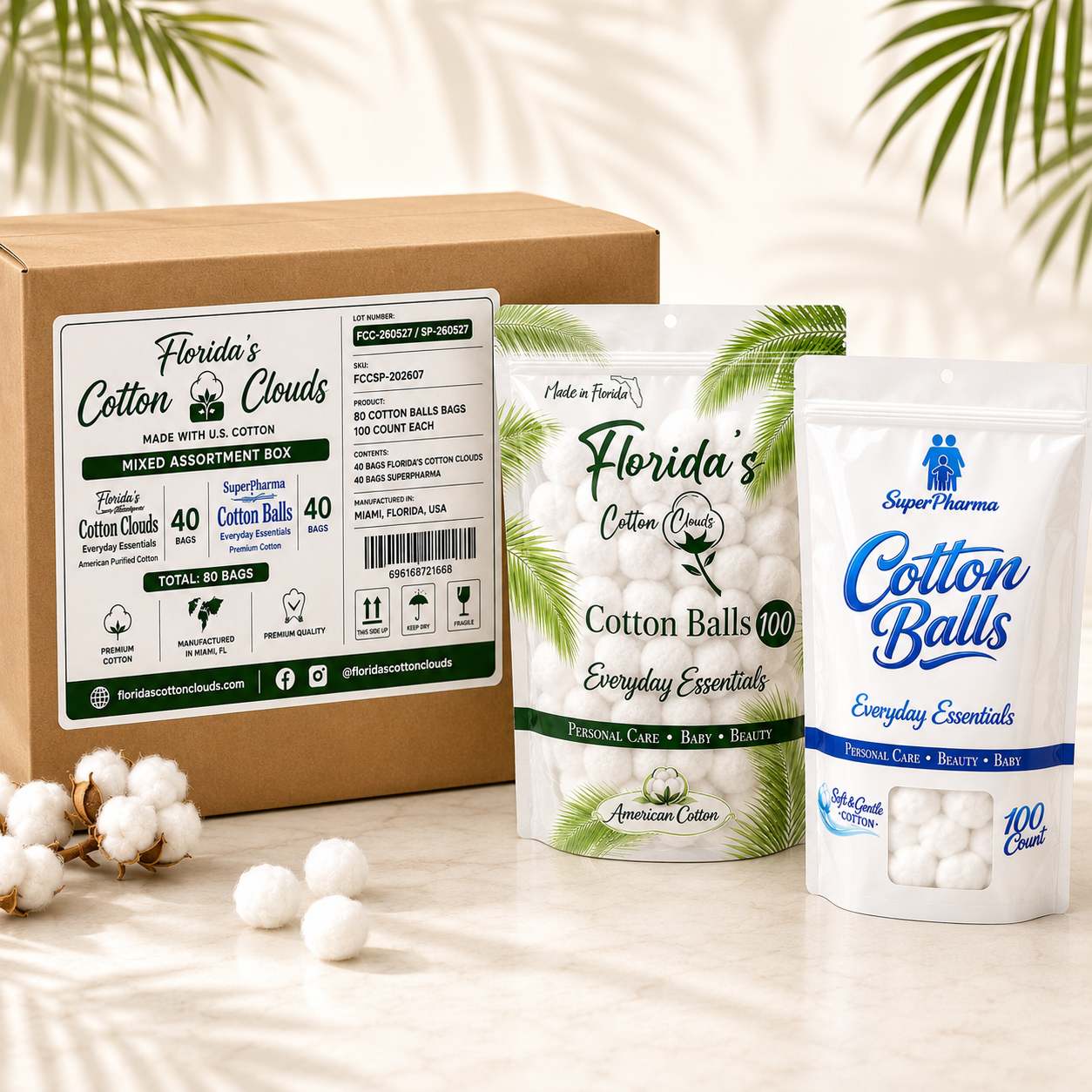 Assorted Cotton Balls Wholesale Box, 80 Bags (8,000 CT)
