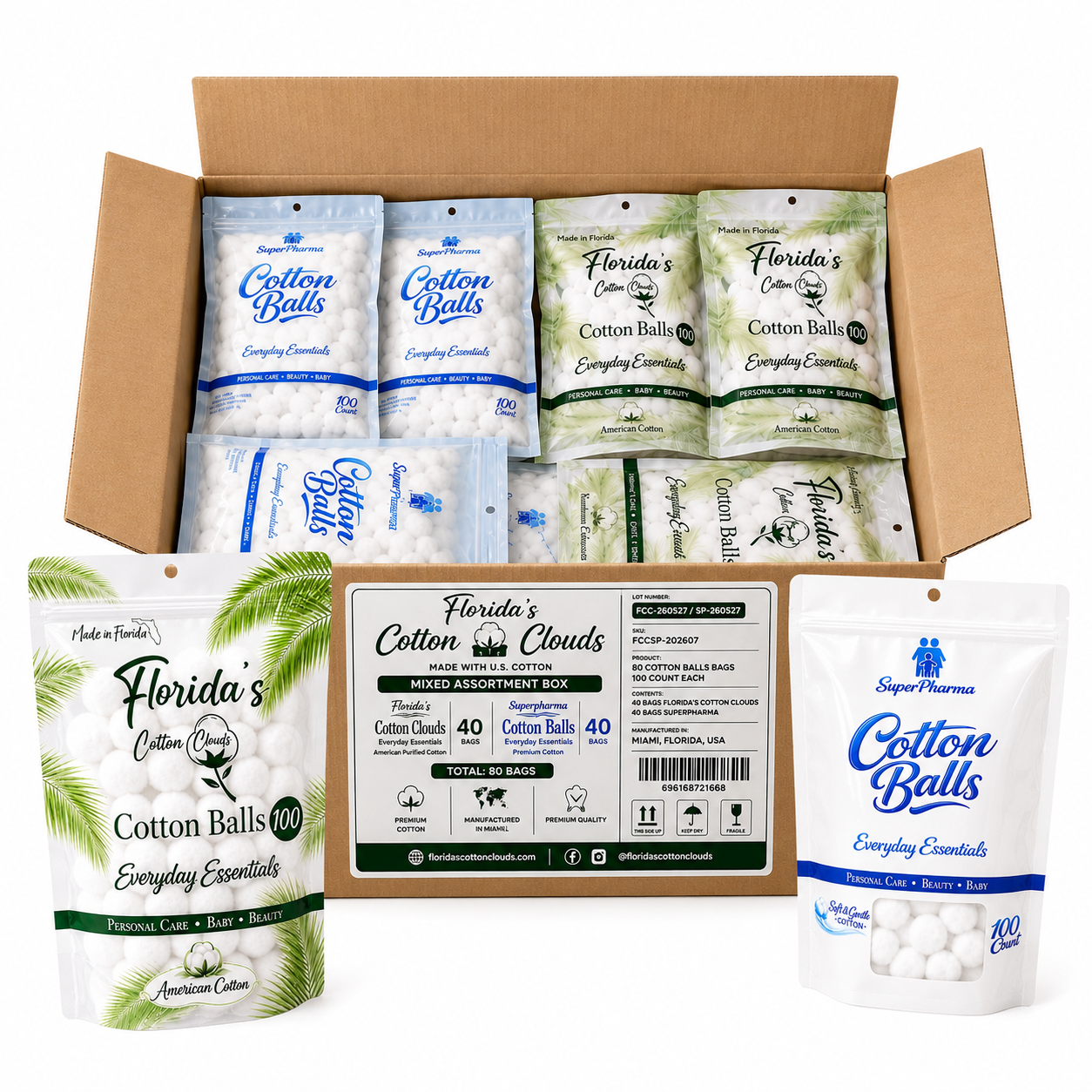 Assorted Cotton Balls Wholesale Box, 80 Bags (8,000 CT)